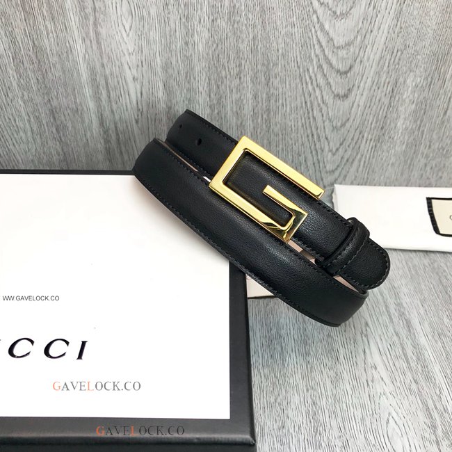 Gucci Slim Black Leather Belt Interlocking Buckle For Women